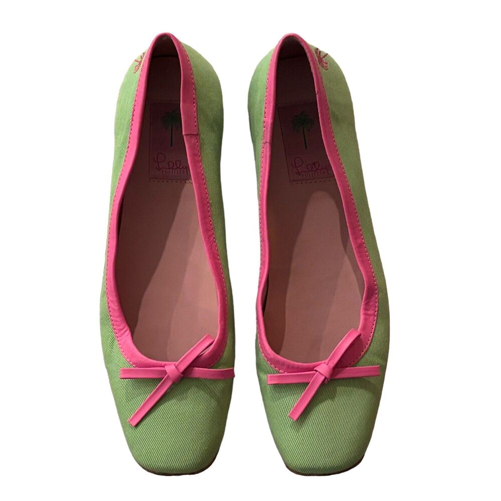 Lilly Pulitzer Womens Flats Bright Lime Green Flat Pink Bow Shoes Size 8.5M
